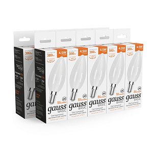 Лампа Gauss Basic Filament Свеча 4,5W 380lm 2700К Е14 milky  LED 1/10/50
