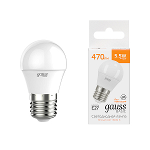 Лампа Gauss Basic Шар 5,5W 470lm 3000K E27 LED 1/10/100