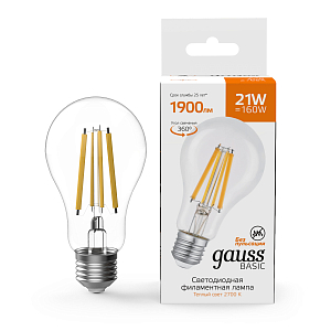 Лампа Gauss Basic Filament А70 21W 1900lm 2700К Е27 LED 1/10/40