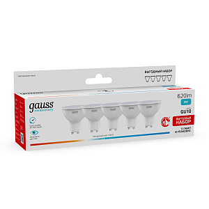 Лампа Gauss Elementary MR16 8W 620lm 4100K GU10 LED (5 ламп в упаковке) 1/20