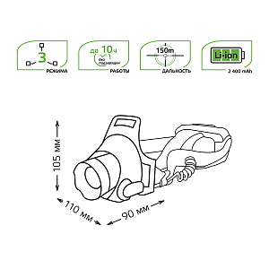 Фонарь налобный Gauss модель GFL407 5W 450lm Li-ion 2400mAh LED 1/12/48