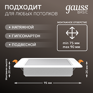 Светильник Gauss Basic Downlight квадрат 5W 400lm 4000K 170-260V IP20 95*26 белый LED 1/100