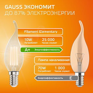 Лампа Gauss Filament Elementary Свеча на ветру 10W 650lm 2700К Е14 LED 1/10/100