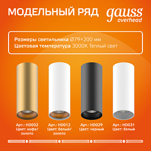 Светильник Gauss Overhead накл цил 12W 900lm 3000K 170-240V IP20 79*200мм черный LED 1/10/30