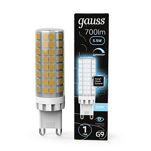 Лампа Gauss G9 AC185-265V 5,5W 700lm 4100K керамика диммируемая LED 1/10/200