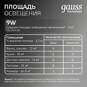 Встраиваемый светильник Gauss Frameless квадрат 9W, 4000K, 90*90мм, монтаж.отв.71*71 1/60