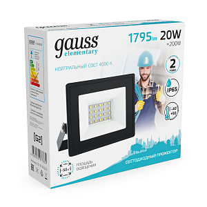 Прожектор светодиодный Gauss Elementary G2 20W 1795lm IP65 4000К черный 1/60