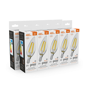 Лампа Gauss Basic Filament Свеча 4W 480lm 3000K E14 LED 1/10/50