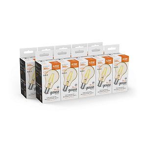 Лампа Gauss Basic Filament А60 4,5W 300lm 2200К Е27 golden LED 1/10/40