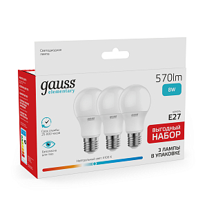 Лампа Gauss Elementary A60 8W 570lm 4100K E27 (3 лампы в упаковке) LED 1/30