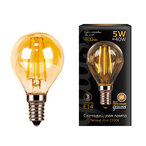 Лампа Gauss Filament Шар 5W 400lm 2700К Е14 golden LED 1/10/50