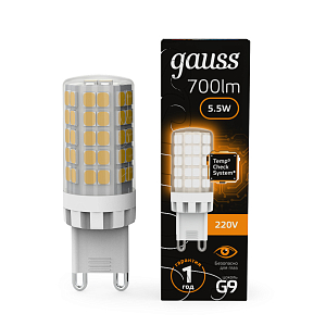 Лампа Gauss G9 AC185-265V 5,5W 700lm 3000K керамика LED 1/10/200
