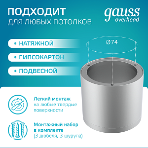 Светильник Gauss Overhead накл цил 10W 720lm 4100K 170-240V IP20 88*75мм хром сатин с расс LED 1/30