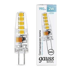 Лампа Gauss Basic G4 AC220-240V 2W 190lm 4100K силикон LED 1/20/200