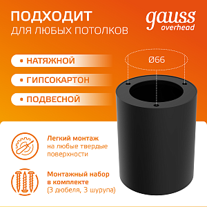 Светильник Gauss Overhead накл цил 12W 900lm 3000K 170-240V IP20 79*100мм черный LED 1/10