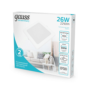 Светильник Gauss Elementary Downlight квадрат 26W 2250lm 4000K 170-260V IP20 220*26 белый LED 1/40