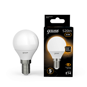 Лампа Gauss Шар 6.5W 520lm 3000K E14 LED 1/10/100