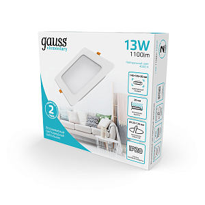 Светильник Gauss Elementary Downlight квадрат 13W 1100lm 4000K 170-260V IP20 145*26 белый LED 1/60