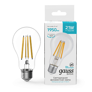Лампа Gauss Basic Filament А70 21W 1950lm 4100К Е27 LED 1/10/40