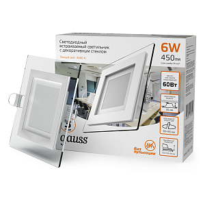 Светильник Gauss Glass кв 6W 450lm 3000K 185-265V IP20 монт 80х80 100*100*36 с дек стеклом LED 1/10/40