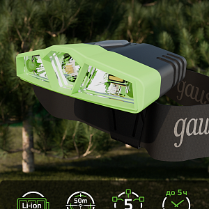 Фонарь налобный Gauss модель GFL406 5W 180lm Li-ion 500mAh LED 1/12/72