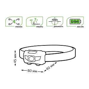 Фонарь налобный Gauss модель GFL405 3W 130lm Li-ion 600mAh LED 1/12/72