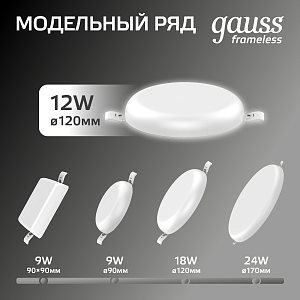 Светильник Gauss Frameless круг 12W 1200lm 4000K 85-265V IP20 монтаж Ø106 120*27мм LED 1/5/40