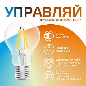 Лампа Gauss Smart Home Filament А60 6,5W 806lm 2000-6500К E27 изм.цвет.темп.+дим. LED 1/10/40
