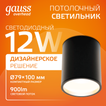 Светильник Gauss Overhead накл цил 12W 900lm 3000K 170-240V IP20 79*100мм черный LED 1/10 Светильник Gauss Overhead накл цил 12W 900lm 3000K 170-240V IP20 79*100мм черный LED 1/10