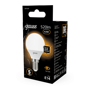 Лампа Gauss Шар 6.5W 520lm 3000K E14 LED 1/10/100