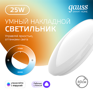 Cвет-ик GaussSmartHome наст-потол 25W2000lm2700-6500К198-264V IP20 400*70мм изм.цвет.тем.+дим LED1/5