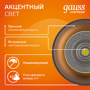 Светильник Gauss Overhead накл цил 12W 900lm 3000K 170-240V IP20 79*200мм черный LED 1/10/30