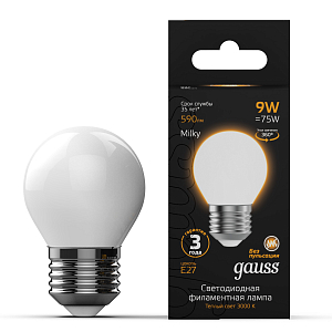 Лампа Gauss Filament Шар 9W 590lm 3000К Е27 milky LED 1/10/50