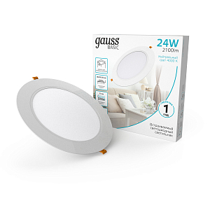 Светильник Gauss Basic Downlight круг 24W 2100m 4000K 170-260V IP20 225*26 белый LED 1/40