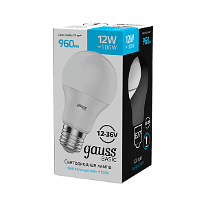 Лампа Gauss Basic A60 AC12-36V 12W 960lm 4100K E27 LED 1/5/50