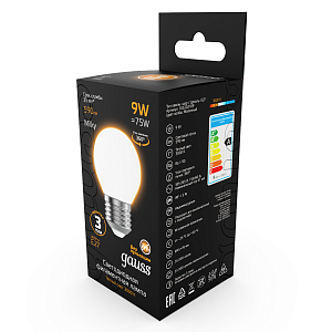 Лампа Gauss Filament Шар 9W 590lm 3000К Е27 milky LED 1/10/50