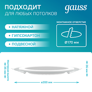 Светильник Gauss Glass круг 18W 1480lm 4000K 185-265V IP20 монт Ø170 200*36 с дек стеклом LED 1/20