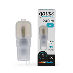 Лампа Gauss Elementary G9 AC220-240V 3W 240lm 4100K пластик LED 1/10/200