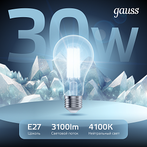 Лампа Gauss Filament А70 30W 3100lm 4100К Е27 LED 1/10/40