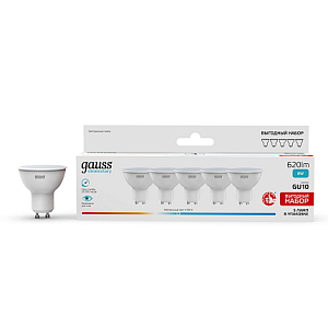Лампа Gauss Elementary MR16 8W 620lm 4100K GU10 LED (5 ламп в упаковке) 1/20