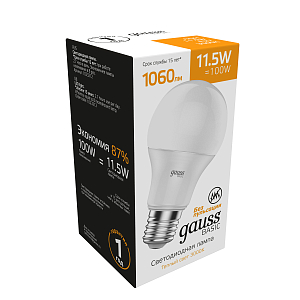 Лампа Gauss Basic A60 11,5W 1060lm 3000K E27 LED 1/10/50