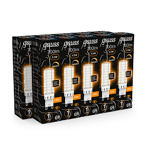 Лампа Gauss G9 AC185-265V 5,5W 700lm 3000K керамика диммируемая LED 1/10/200