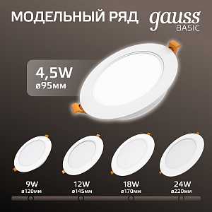 Светильник Gauss Basic Downlight круг 4,5W 300lm 4000K 170-260V IP20 95*26 белый LED