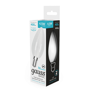 Лампа Gauss Basic Filament Свеча 4,5W 400lm 4100К Е14 milky  LED 1/10/50