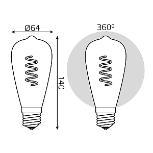 Лампа Gauss Filament ST64 6W 360lm 2400К Е27 golden flexible LED 1/10/40