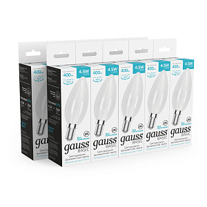 Лампа Gauss Basic Filament Свеча 4,5W 400lm 4100К Е14 milky  LED 1/10/50