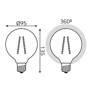 Лампа Gauss Filament G95 6W 620lm 2400К Е27 golden диммируемая LED 1/20