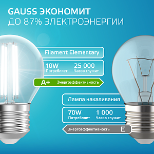 Лампа Gauss Filament Elementary Шар 10W 670lm 4100К Е27 LED 1/10/100