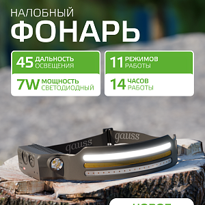 Фонарь налобный Gauss модель GFL412 13W 650lm Li-ion 1200mAh LED 1/10/100