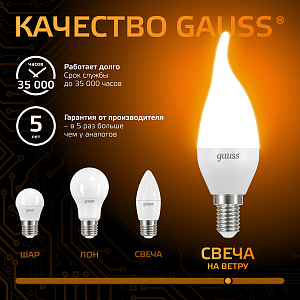 Лампа Gauss Свеча на ветру 9.5W 890lm 3000K E14 LED 1/10/50